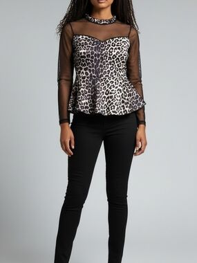 Leopard Mesh Peplum Top - Black/Cream